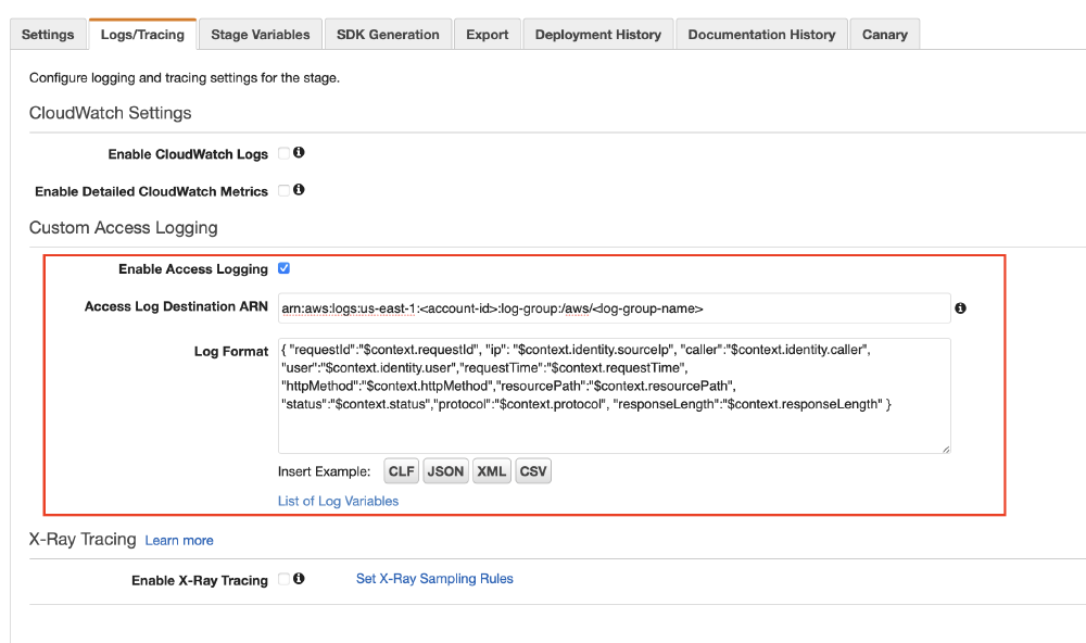 Enable access logs in the AWS API Gateway console