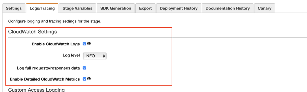 Enable execution logs in the AWS API Gateway console